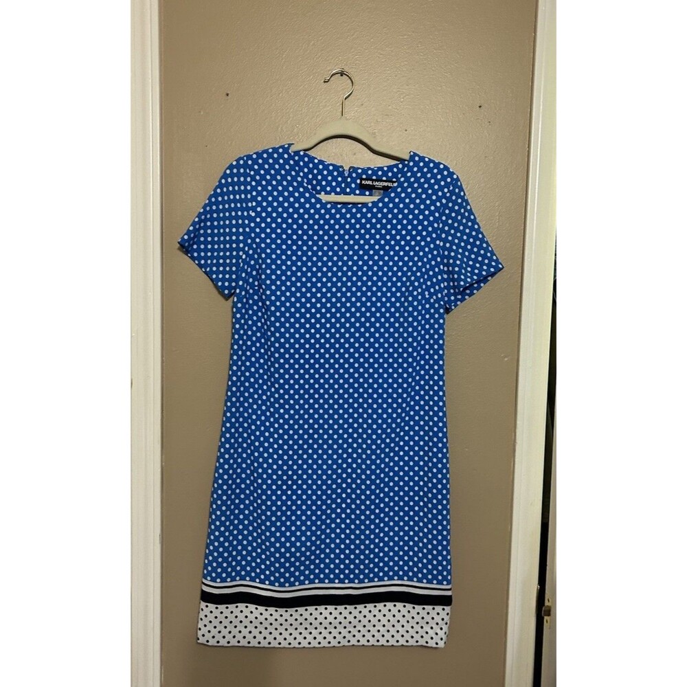 KARL LAGERFELD Blue Polka Dot Shift Dress Short Sleeve Lined Size 6 Classic EUC